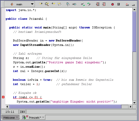 Editor-Fenster mit Sourcecode von Primzahl
